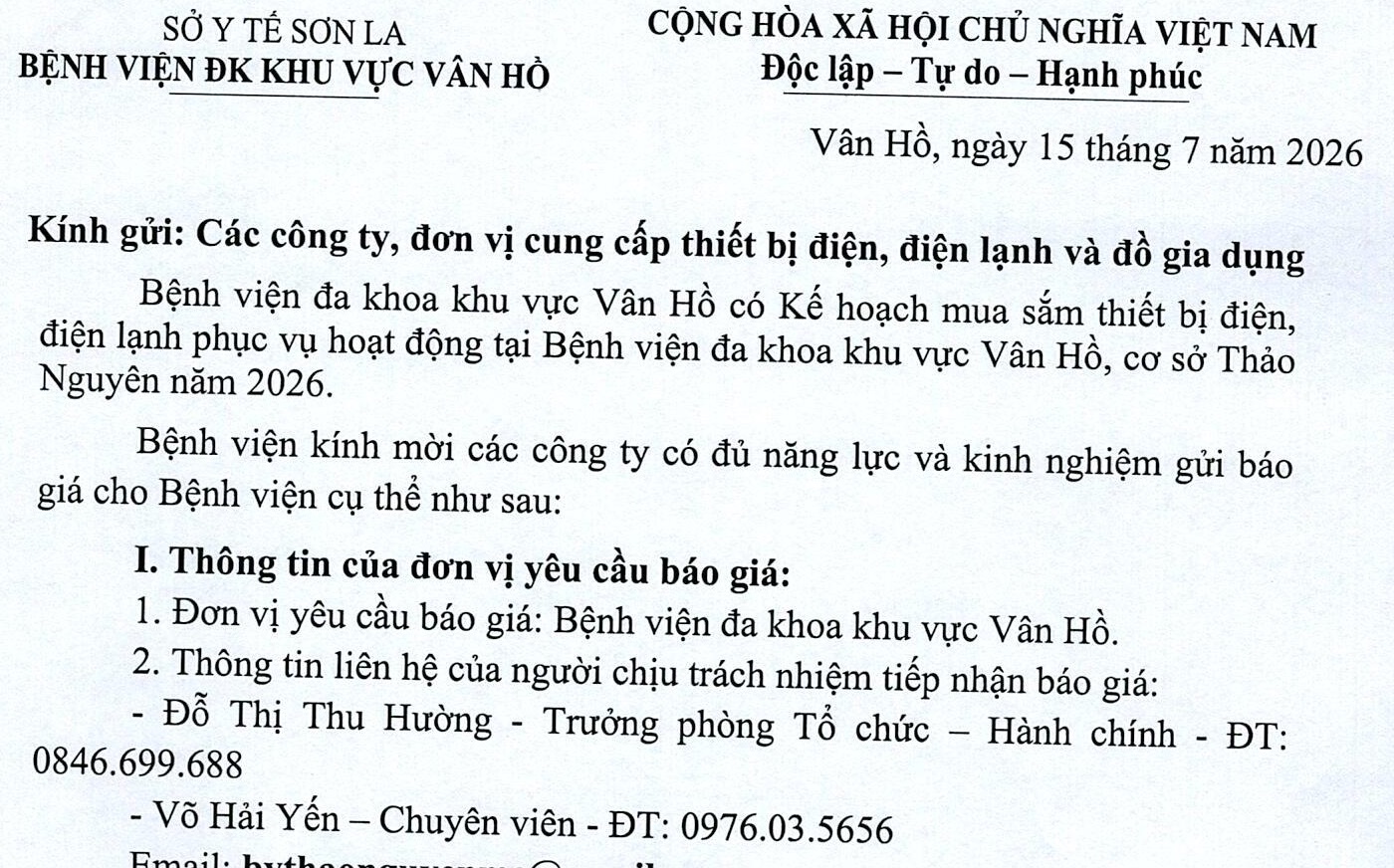 Thư xin báo giá thiết bị điện, điện lạnh phục vụ hoạt động tại Bệnh viện đa khoa khu vực Vân Hồ, cơ sở Thảo Nguyên năm 2026