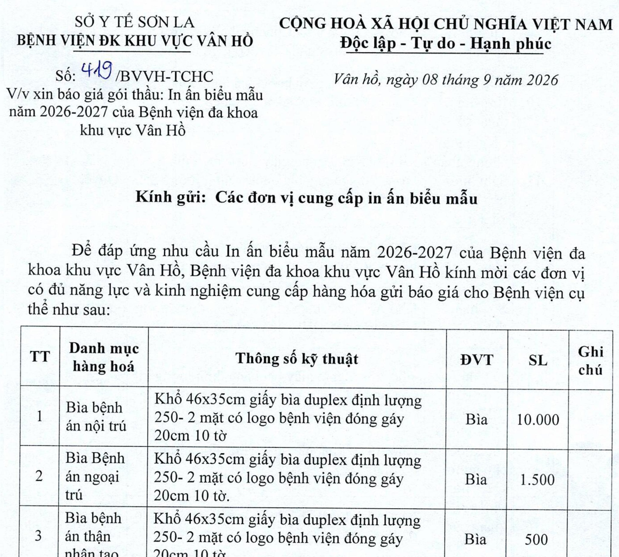 Thư mời báo giá in ấn