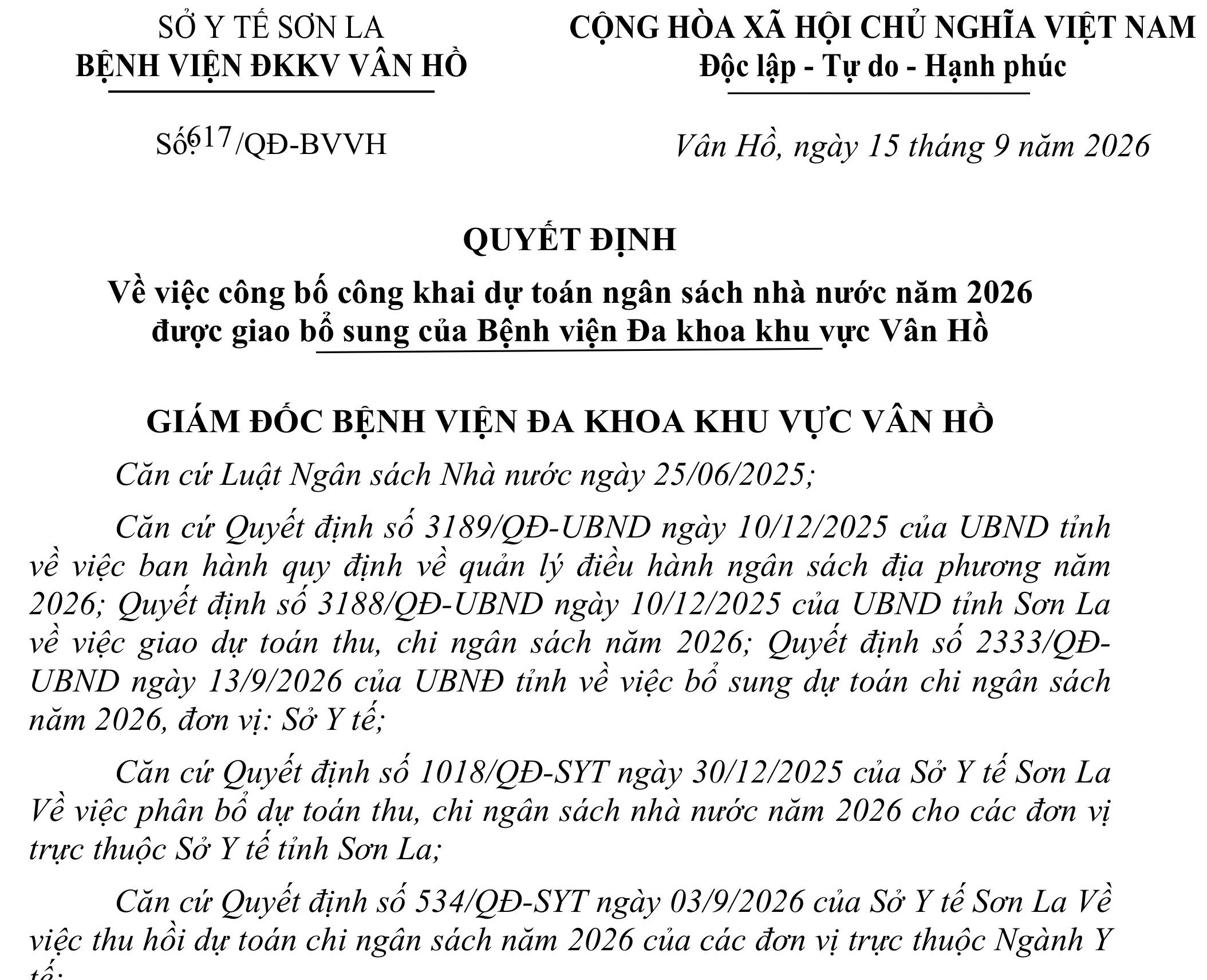 Công Khai Dự Toán Nhà Nước 2026 BỆNH VIỆN ĐA KHOA KHU VỰC VÂN HỒ