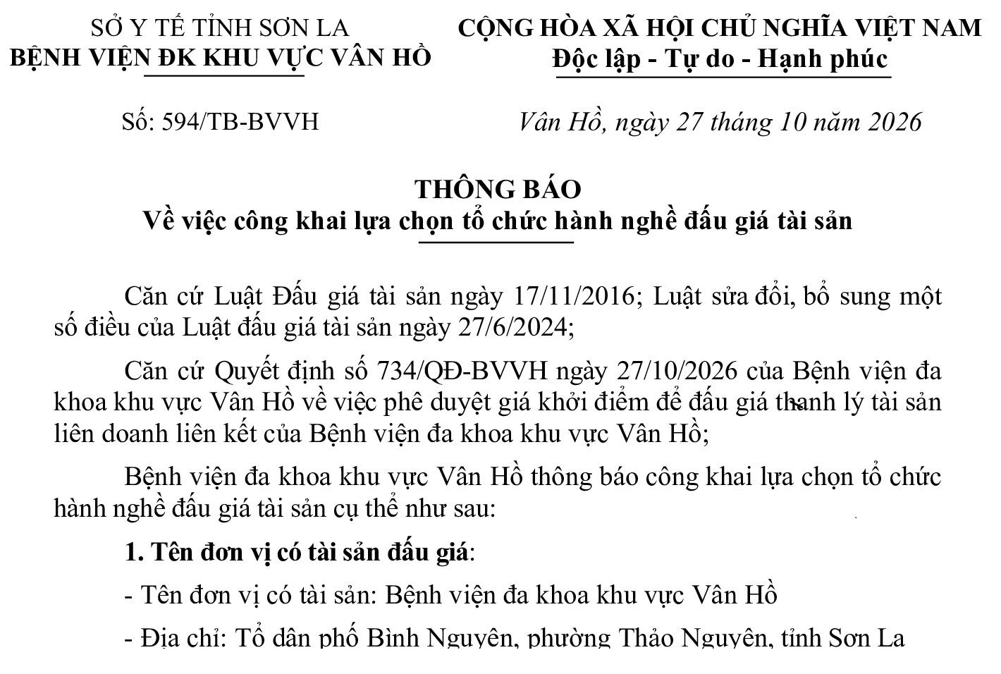 Thông báo Về việc công khai lựa chọn tổ chức hành nghề đấu giá tài sản năm 2026